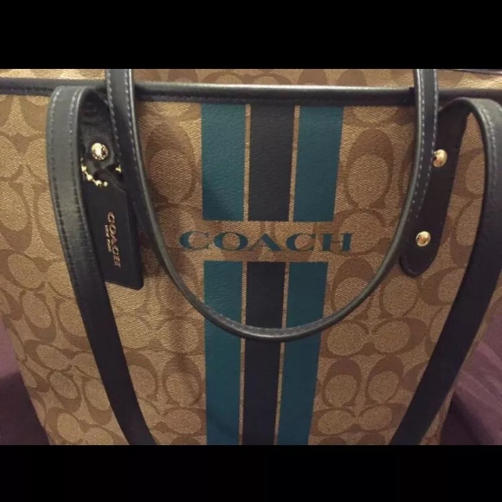 Coach NWT khaki navy zip top tote purse handbag